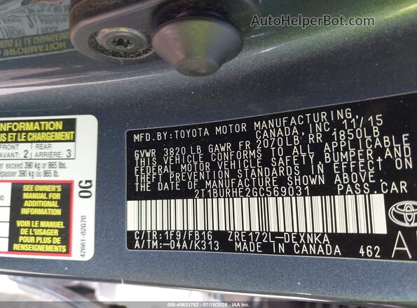 2T1BURHE2GC569031 2016 TOYOTA COROLLA Gray Вид підкапотного простору