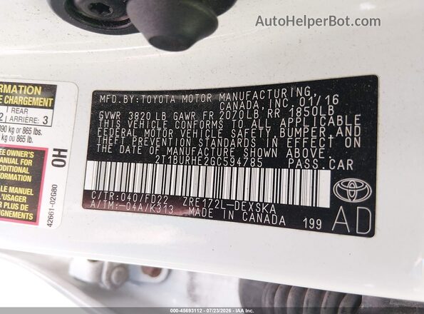 2T1BURHE2GC594785 2016 TOYOTA COROLLA White Շարժիչի բաժամունքի տեսք