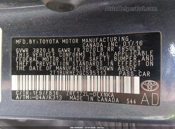 2T1BURHE2GC595113 2016 TOYOTA COROLLA Gray Vista del compartimento del motor