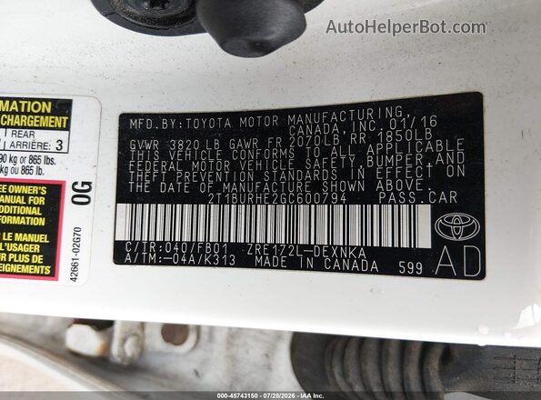 2T1BURHE2GC600794 2016 TOYOTA COROLLA White Вид підкапотного простору