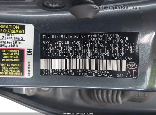 2T1BURHE2HC752284 2017 TOYOTA COROLLA Blue Շարժիչի բաժամունքի տեսք