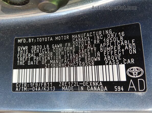 2T1BURHE2HC769358 2017 TOYOTA COROLLA Серый Вид подкапотного пространства