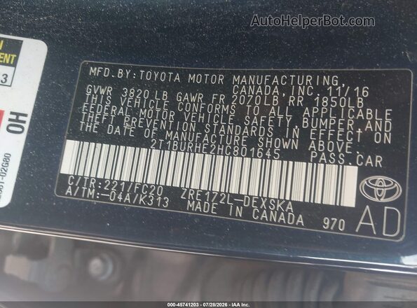 2T1BURHE2HC801645 2017 TOYOTA COROLLA Blue Շարժիչի բաժամունքի տեսք
