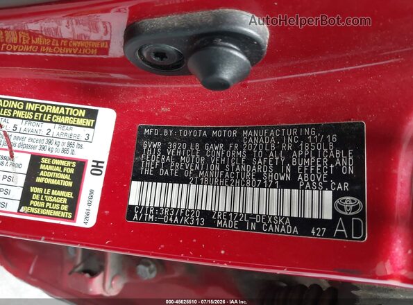 2T1BURHE2HC807171 2017 TOYOTA COROLLA Red ძრავის განყოფილების ხედი