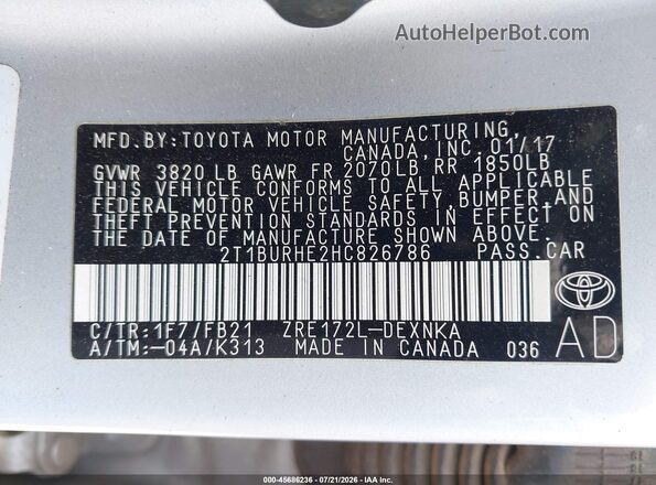 2T1BURHE2HC826786 2017 TOYOTA COROLLA Серебряный Вид подкапотного пространства