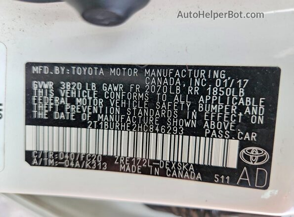 2T1BURHE2HC846293 2017 TOYOTA COROLLA Белый Вид наклейки с VIN-кодом