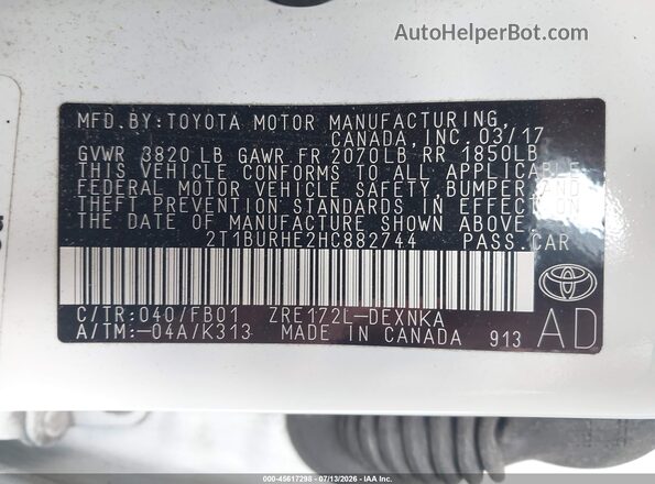 2T1BURHE2HC882744 2017 TOYOTA COROLLA White Vista del compartimento del motor