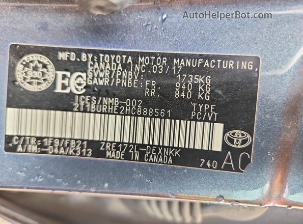 2T1BURHE2HC888561 2017 TOYOTA COROLLA Gray Вид наклейки з VIN-кодом