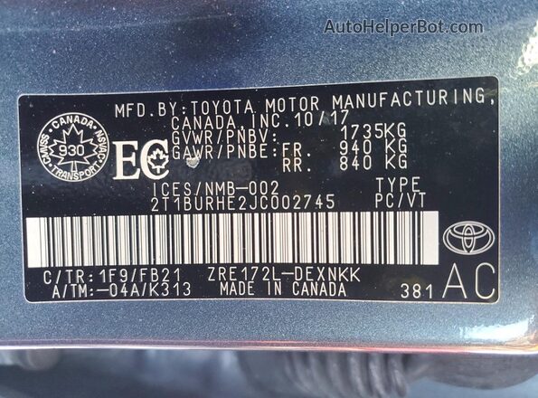 2T1BURHE2JC002745 2018 TOYOTA COROLLA Teal ძრავის განყოფილების ხედი