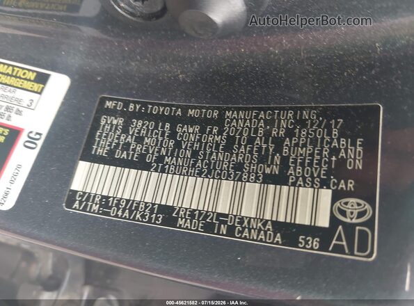 2T1BURHE2JC037883 2018 TOYOTA COROLLA Gray Widok komory silnika