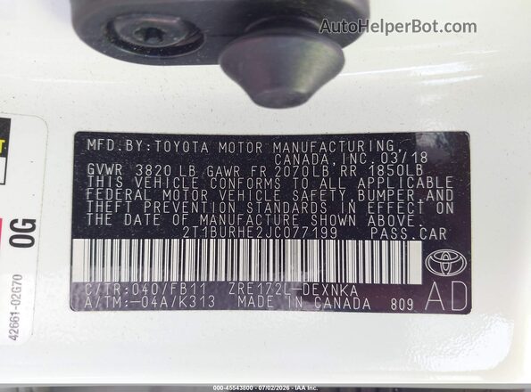 2T1BURHE2JC077199 2018 TOYOTA COROLLA White Widok komory silnika