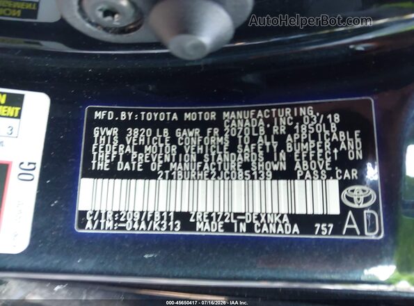2T1BURHE2JC085139 2018 TOYOTA COROLLA Black Widok komory silnika