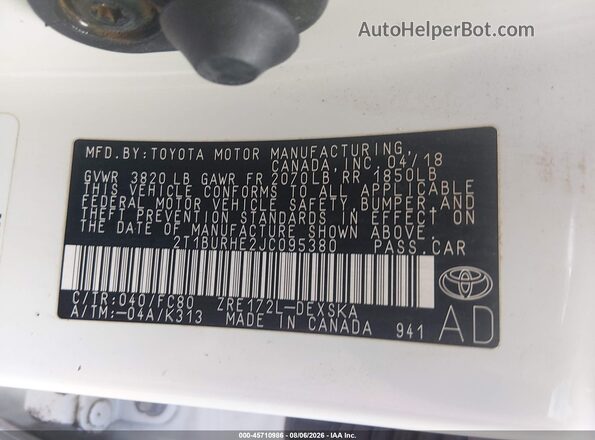 2T1BURHE2JC095380 2018 TOYOTA COROLLA White Engine compartment view