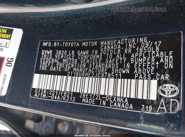 2T1BURHE2JC978511 2018 TOYOTA COROLLA Dark Blue Вид підкапотного простору