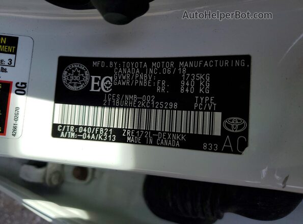 2T1BURHE2KC125298 2019 TOYOTA COROLLA White Vista del compartimento del motor