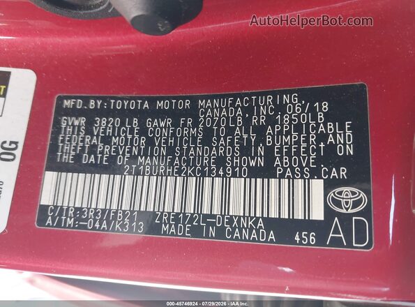 2T1BURHE2KC134910 2019 TOYOTA COROLLA Красный Вид подкапотного пространства