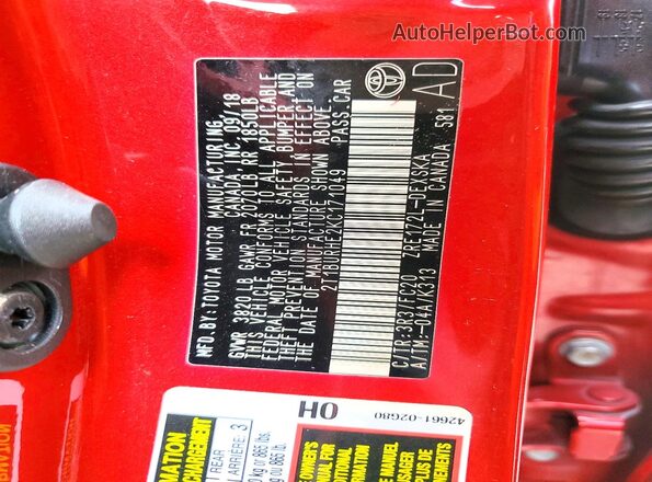2T1BURHE2KC171049 2019 TOYOTA COROLLA Red VIN კოდის სტიკერის ხედი