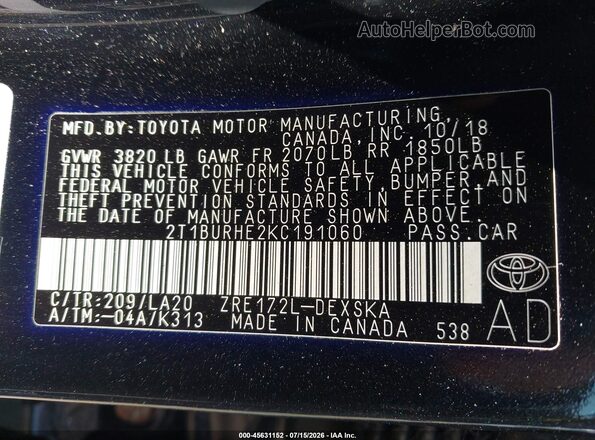 2T1BURHE2KC191060 2019 TOYOTA COROLLA Black Vista del compartimento del motor