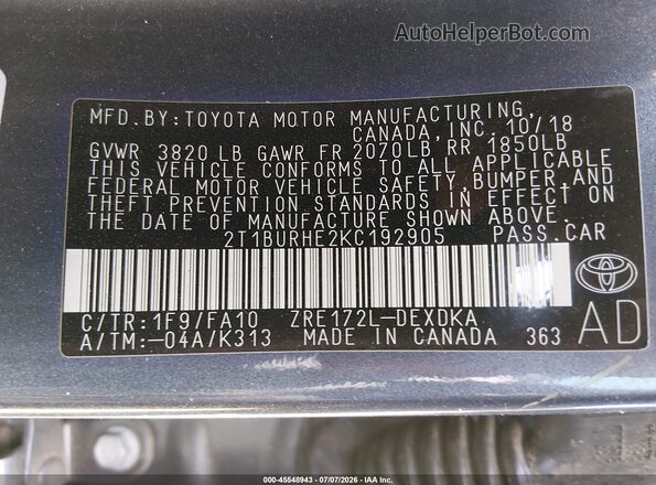 2T1BURHE2KC192905 2019 TOYOTA COROLLA Blue Вид підкапотного простору