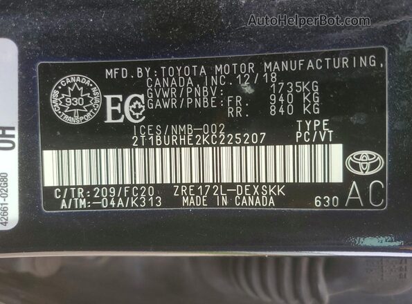 2T1BURHE2KC225207 2019 TOYOTA COROLLA Black VIN կոդի պիտակի տեսք