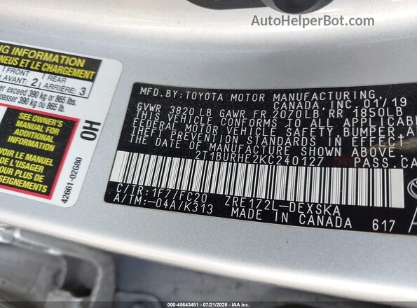 2T1BURHE2KC240127 2019 TOYOTA COROLLA Silver Շարժիչի բաժամունքի տեսք