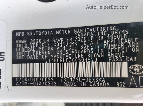 2T1BURHE3GC501529 2016 TOYOTA COROLLA Белый Вид наклейки с VIN-кодом