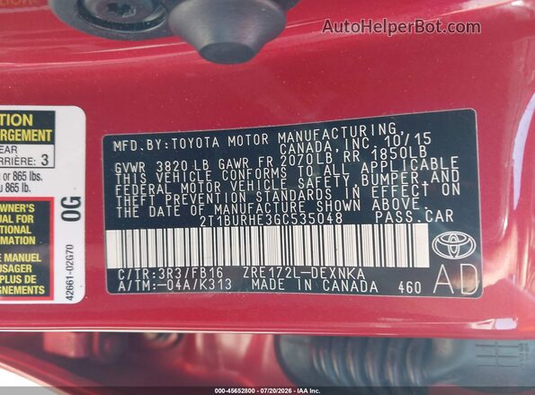 2T1BURHE3GC535048 2016 TOYOTA COROLLA Red Widok komory silnika