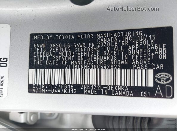 2T1BURHE3GC547622 2016 TOYOTA COROLLA Silver Вид підкапотного простору