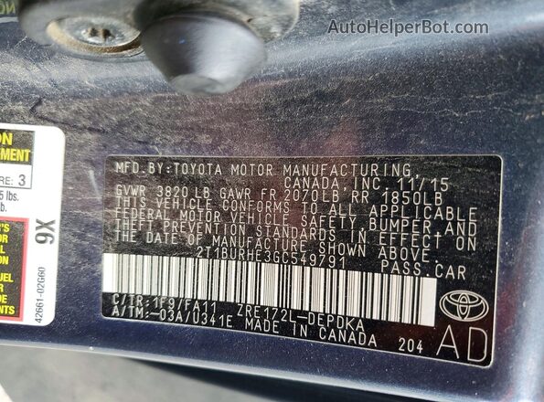 2T1BURHE3GC549791 2016 TOYOTA COROLLA Blue Vista de la etiqueta del VIN