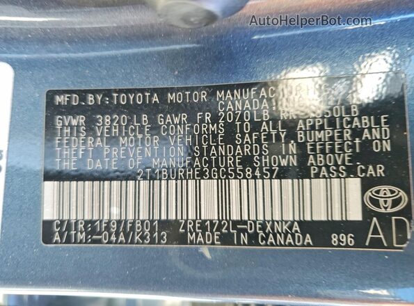 2T1BURHE3GC558457 2016 TOYOTA COROLLA Gray Vista de la etiqueta del VIN