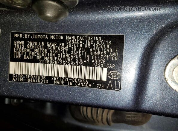 2T1BURHE3GC593385 2016 TOYOTA COROLLA Gray Vista del compartimento del motor