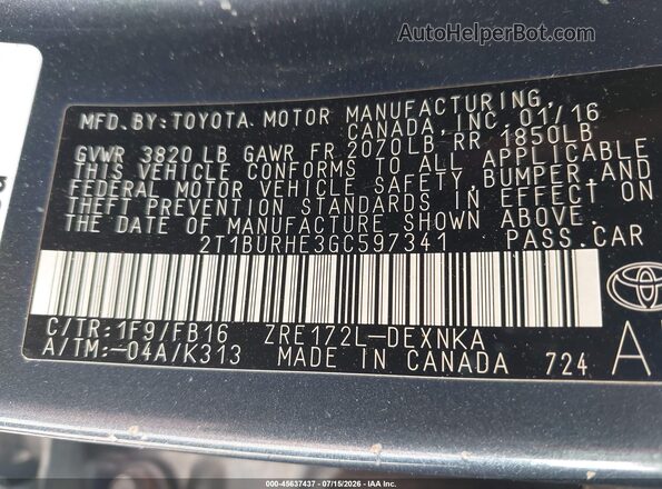 2T1BURHE3GC597341 2016 TOYOTA COROLLA Blue Vista del compartimento del motor