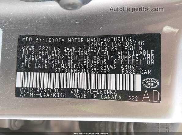 2T1BURHE3GC623792 2016 TOYOTA COROLLA Gray ძრავის განყოფილების ხედი