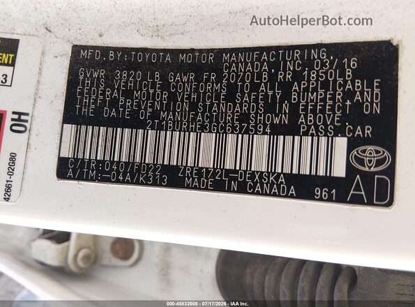 2T1BURHE3GC637594 2016 TOYOTA COROLLA White Engine compartment view