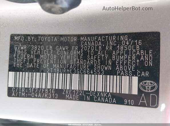 2T1BURHE3GC664553 2016 TOYOTA COROLLA Серый Вид подкапотного пространства