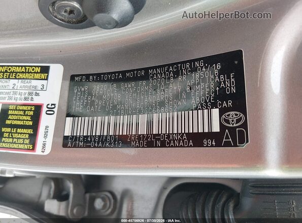 2T1BURHE3GC668652 2016 TOYOTA COROLLA Tan Engine compartment view