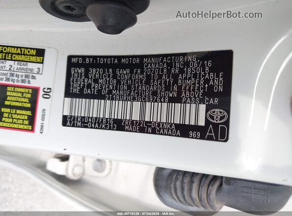 2T1BURHE3GC697648 2016 TOYOTA COROLLA White Widok komory silnika
