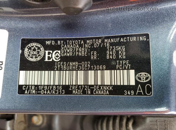 2T1BURHE3GC713069 2016 TOYOTA COROLLA Gray Вид підкапотного простору