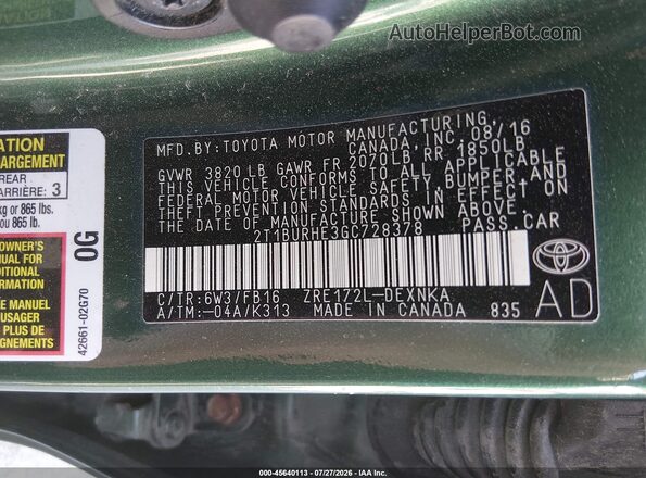 2T1BURHE3GC728378 2016 TOYOTA COROLLA Зеленый Вид подкапотного пространства