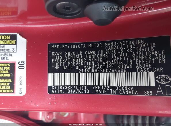 2T1BURHE3HC764606 2017 TOYOTA COROLLA Red ძრავის განყოფილების ხედი