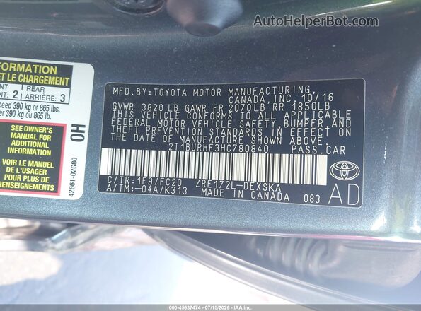 2T1BURHE3HC780840 2017 TOYOTA COROLLA Blue Շարժիչի բաժամունքի տեսք