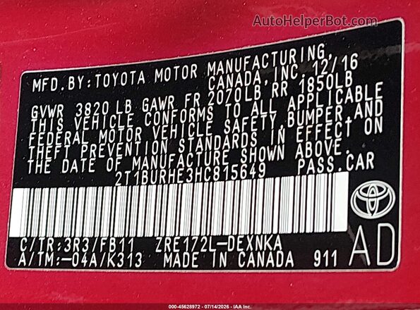 2T1BURHE3HC815649 2017 TOYOTA COROLLA Red Widok komory silnika
