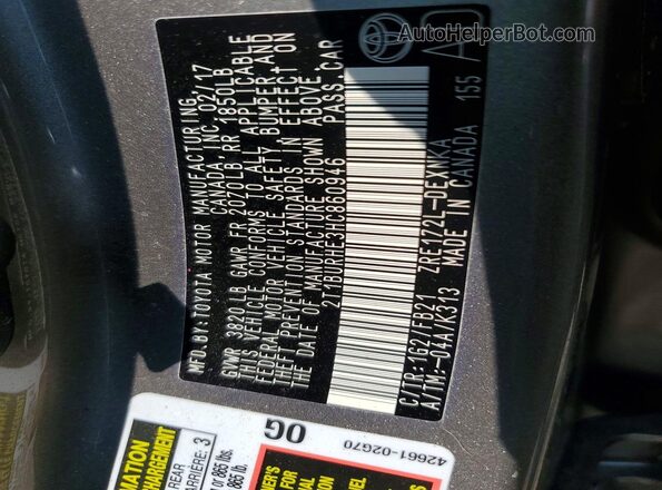 2T1BURHE3HC860946 2017 TOYOTA COROLLA Gray Vista del compartimento del motor