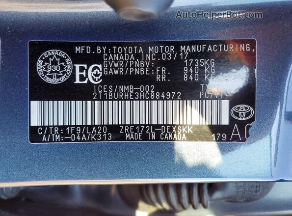 2T1BURHE3HC884972 2017 TOYOTA COROLLA Серый Вид подкапотного пространства