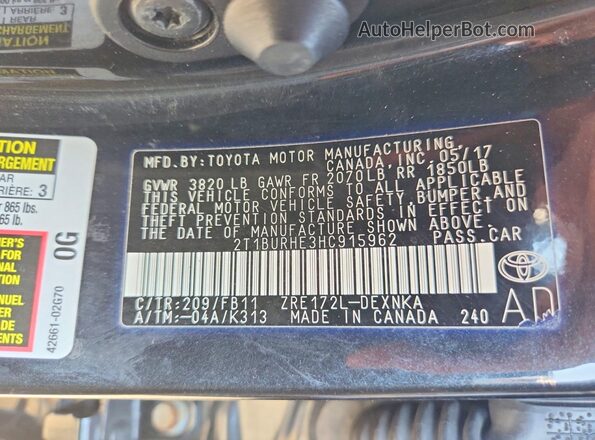 2T1BURHE3HC915962 2017 TOYOTA COROLLA Black Vista del compartimento del motor