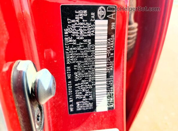 2T1BURHE3HC920840 2017 TOYOTA COROLLA Red Vista de la etiqueta del VIN