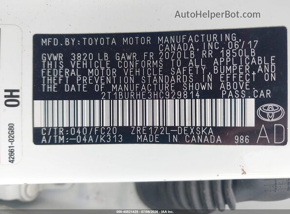 2T1BURHE3HC929814 2017 TOYOTA COROLLA Белый Вид подкапотного пространства