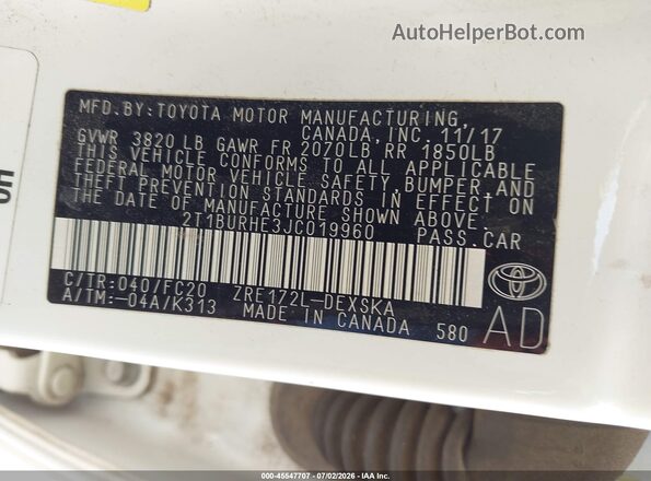 2T1BURHE3JC019960 2018 TOYOTA COROLLA White Widok komory silnika