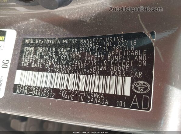 2T1BURHE3JC061450 2018 TOYOTA COROLLA Gray Vista del compartimento del motor