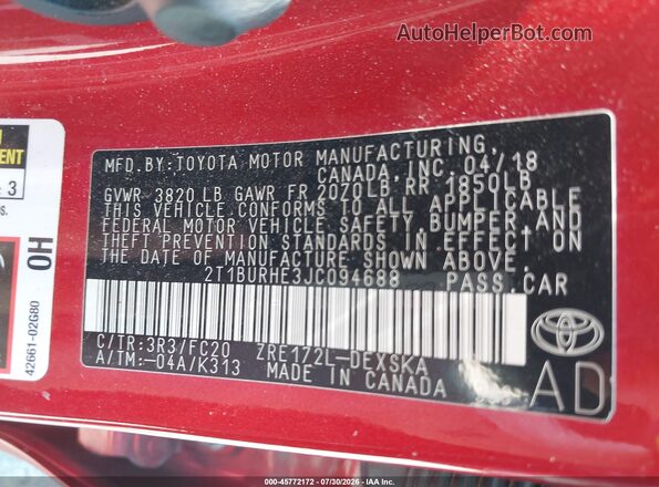 2T1BURHE3JC094688 2018 TOYOTA COROLLA Red Vista del compartimento del motor